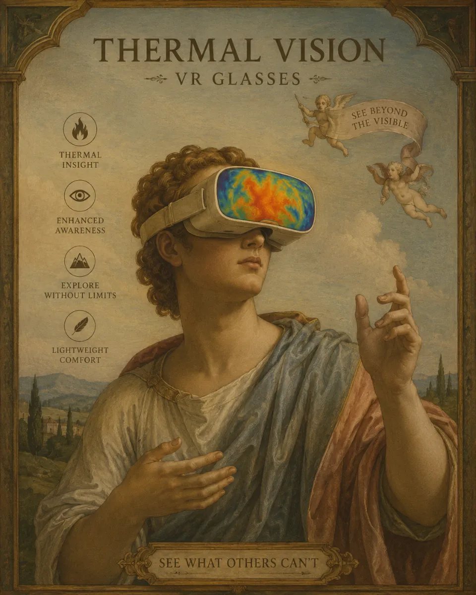 A futuristic product poster for “Thermal Vision” VR glasses — editorial, otherworldly, painterly.
