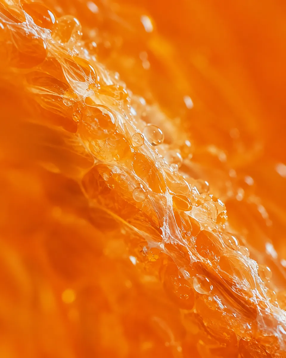 An extreme macro of the cut edge of a citrus segment, so close that no whole fruit is identifiable: