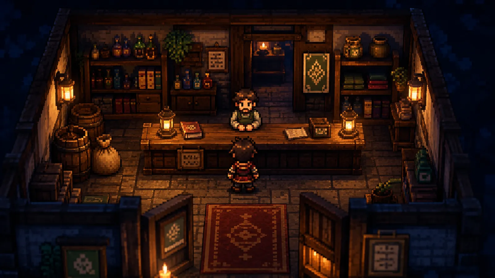 A cramped interior packed with props and two figures, showing how the style reads at close quarters rather than across a wide scene.