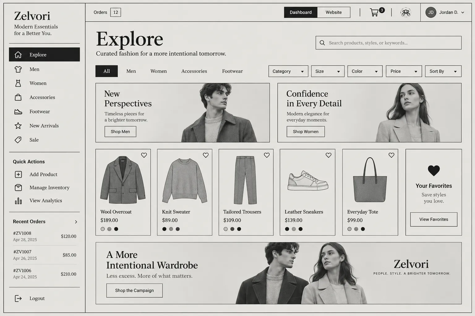 A desktop storefront: sidebar, filters, product cards and a campaign banner.