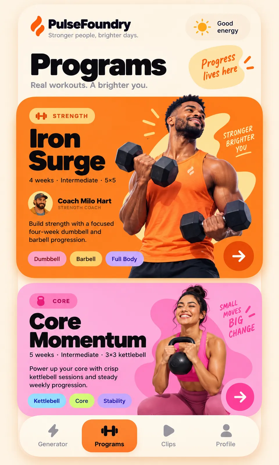 A single list screen: two stacked program cards over a fixed bottom navigation.