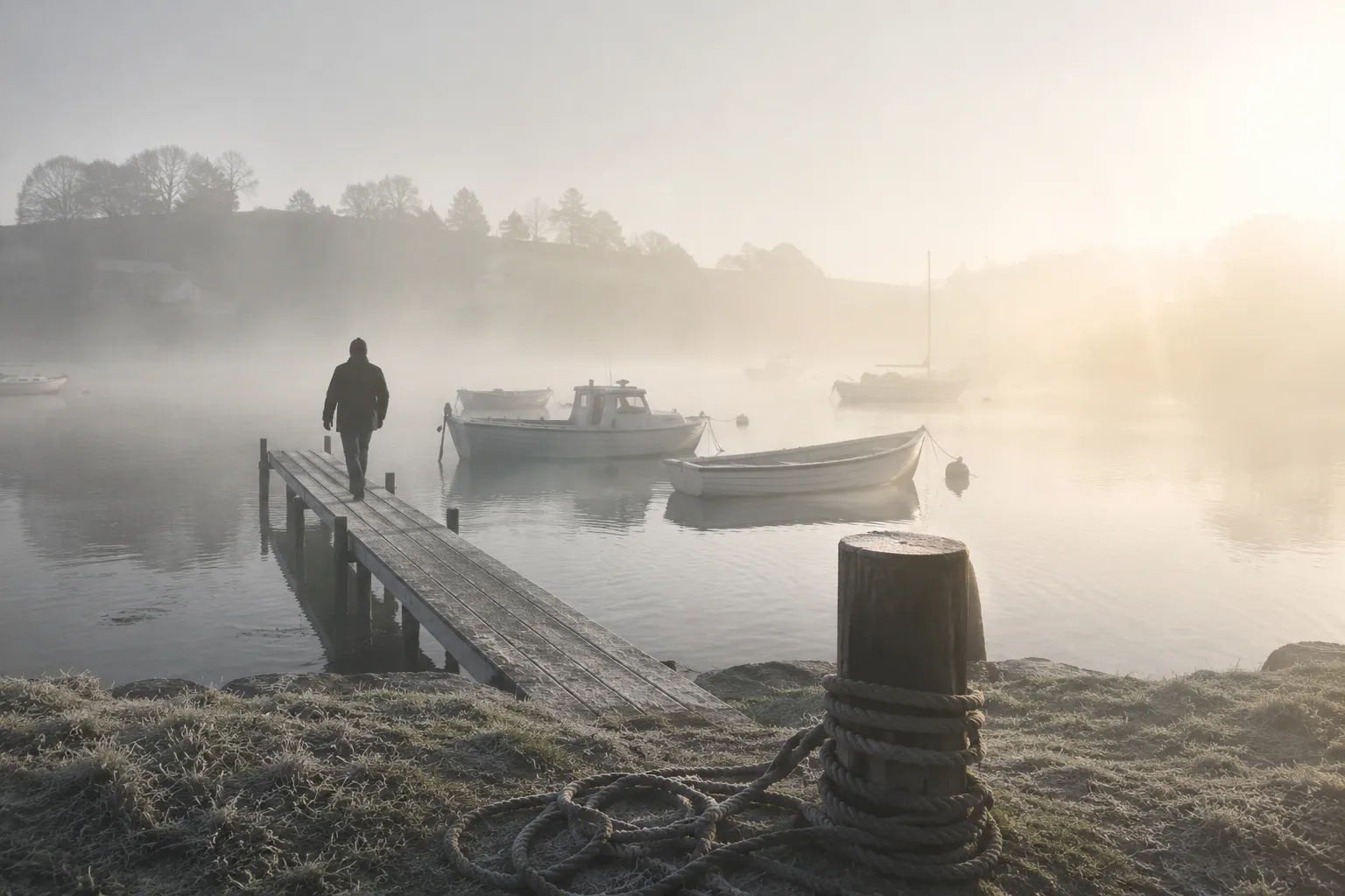 The near post keeps its full texture; the furthest boats hold only their outline.