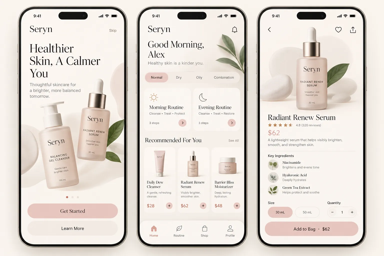 Onboarding, routine home and product detail — one style across three screens.