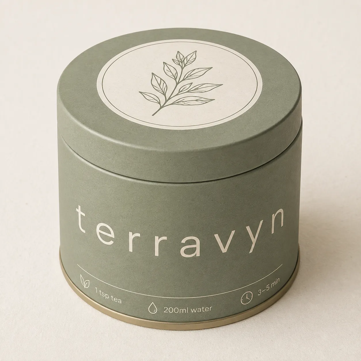 The mark wrapping a curved surface rather than sitting flat — the botanical drawing holds up at lid scale and at label-band scale in the same object.