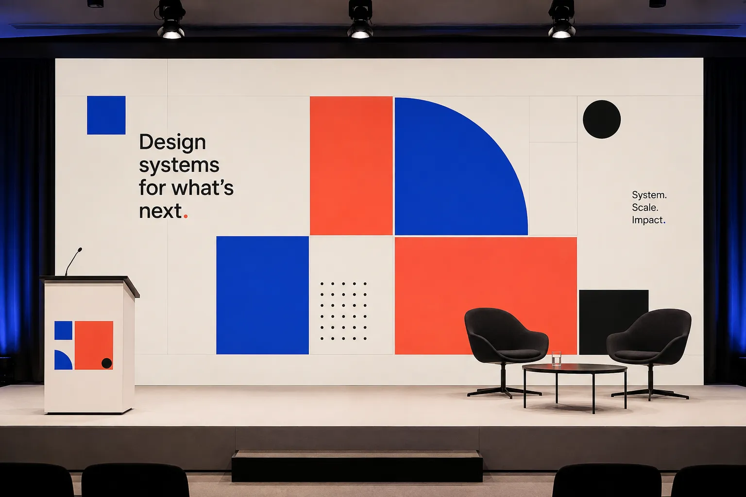 Five shapes spread wide across a backdrop built for a room, with a third of the surface left empty on purpose.
