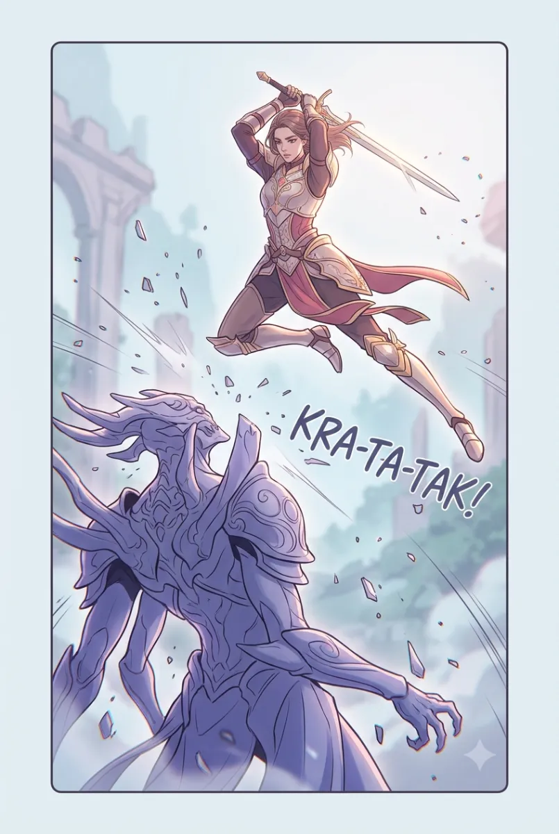 An action beat showing the style holds up on motion and impact, not only calm scenes.
