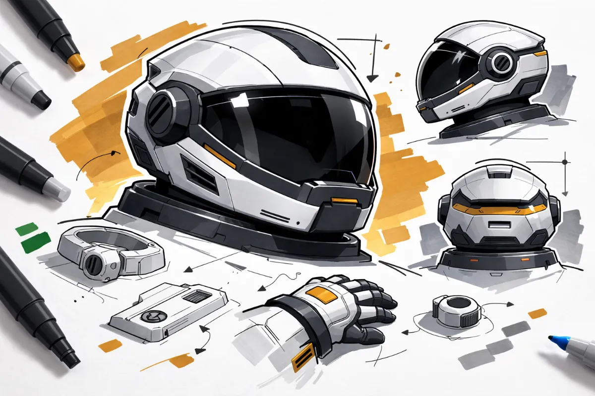 + A modern minimal astronaut helmet inspired by Porsche Design patterns. 1 main angle and 2 smaller sketches from 2 angles. around on paper a few small parts some uncolored, part of an astronaut glove.