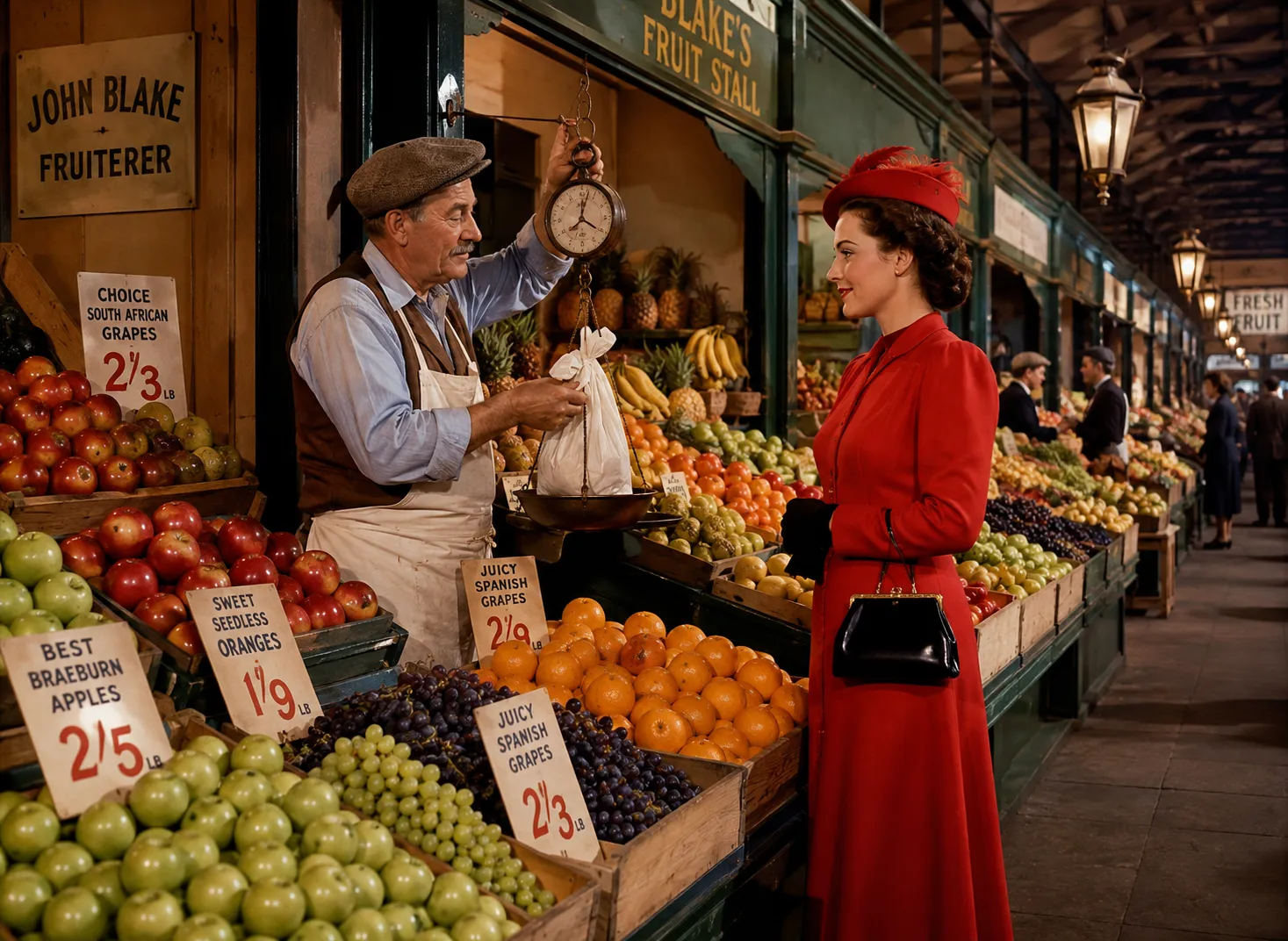 The crates read as distinct colours from the front of the stall to the back of the frame.