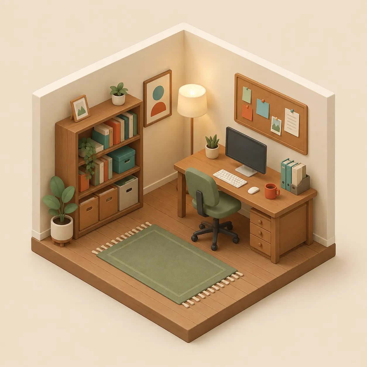 A home office rendered as an isometric cutaway diorama in the Isometric Room Diorama style.