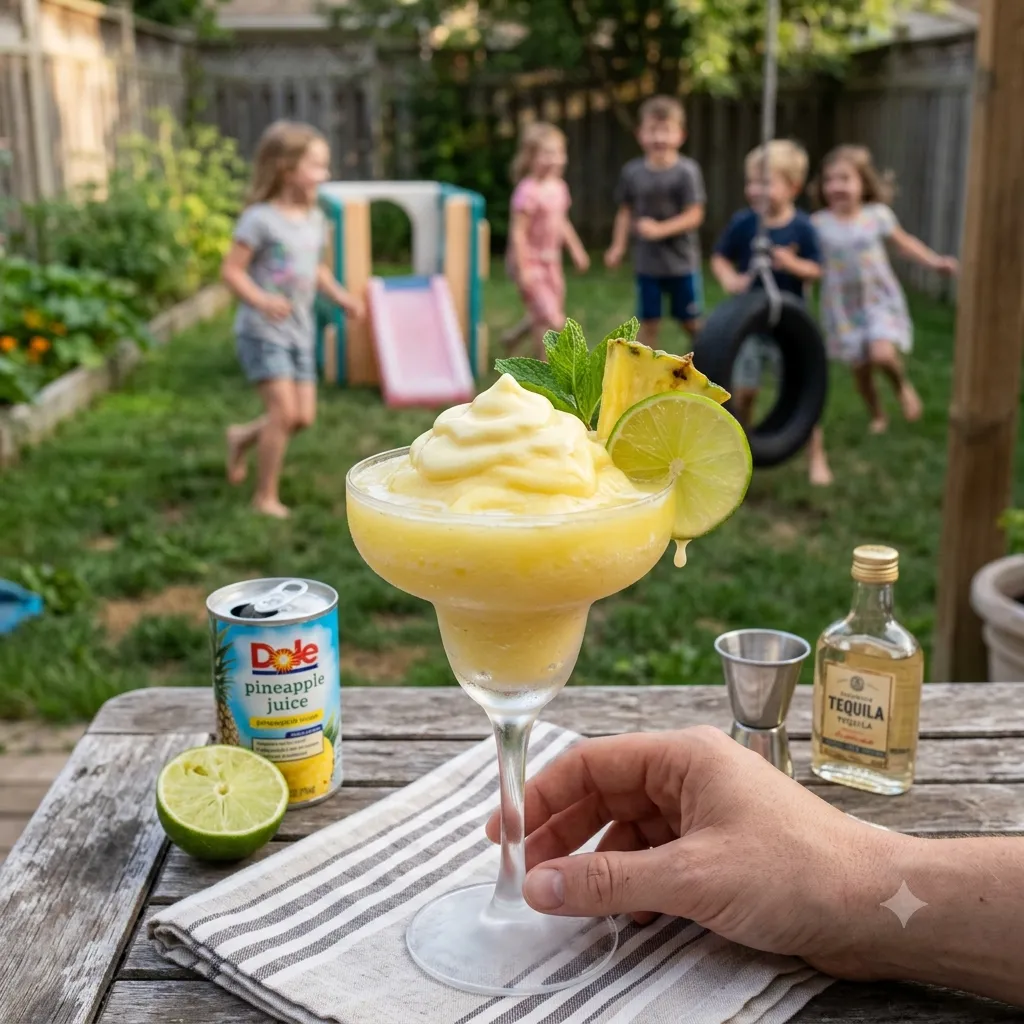 Dole Whip Margaritas, outside in a yard, kids plays in background With sweet frozen pineapple, creamy coconut milk, and tangy lime juice, these slushy cocktails are primed to become your new favorite version of the classic summer drink.