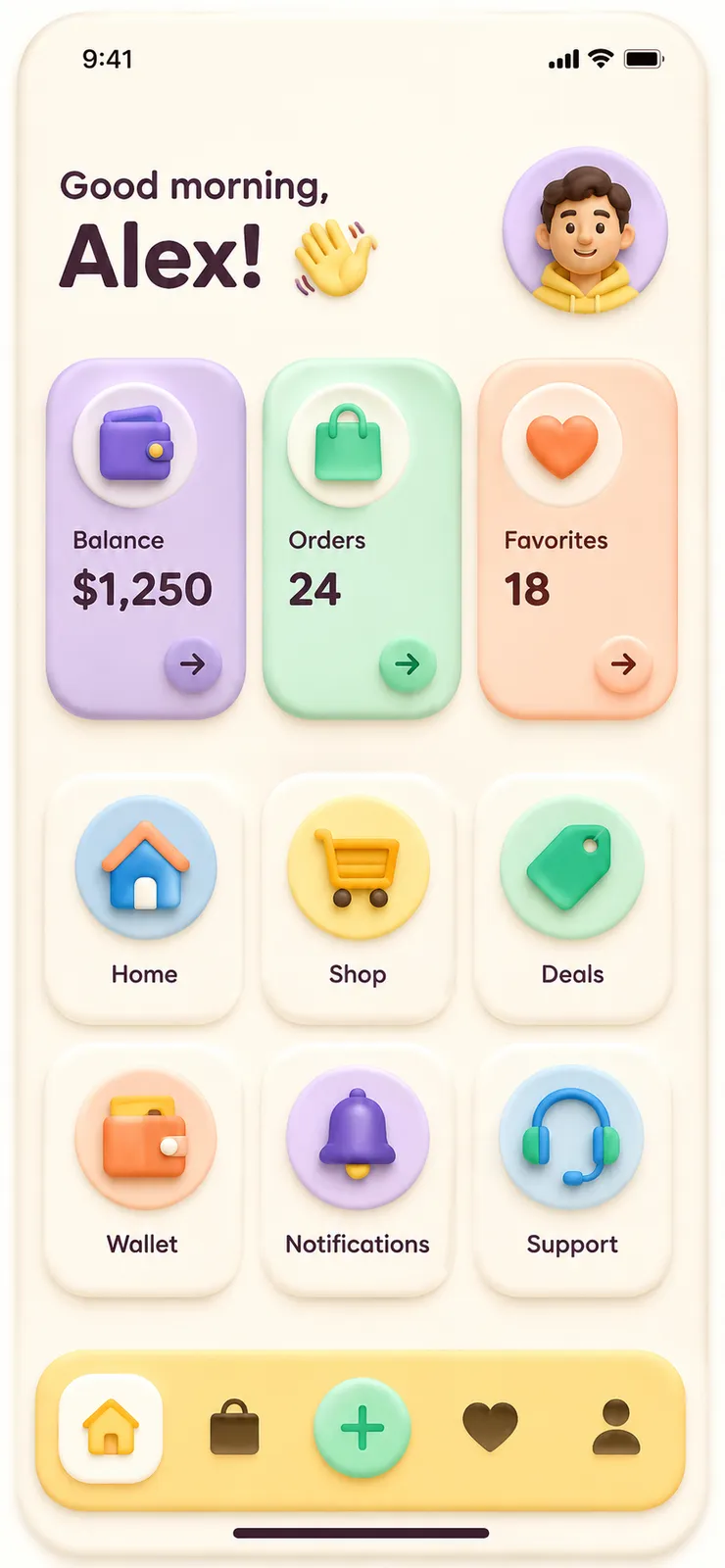 A home dashboard where the header, summary cards, shortcut tiles, and bottom nav all hold one consistent look.
