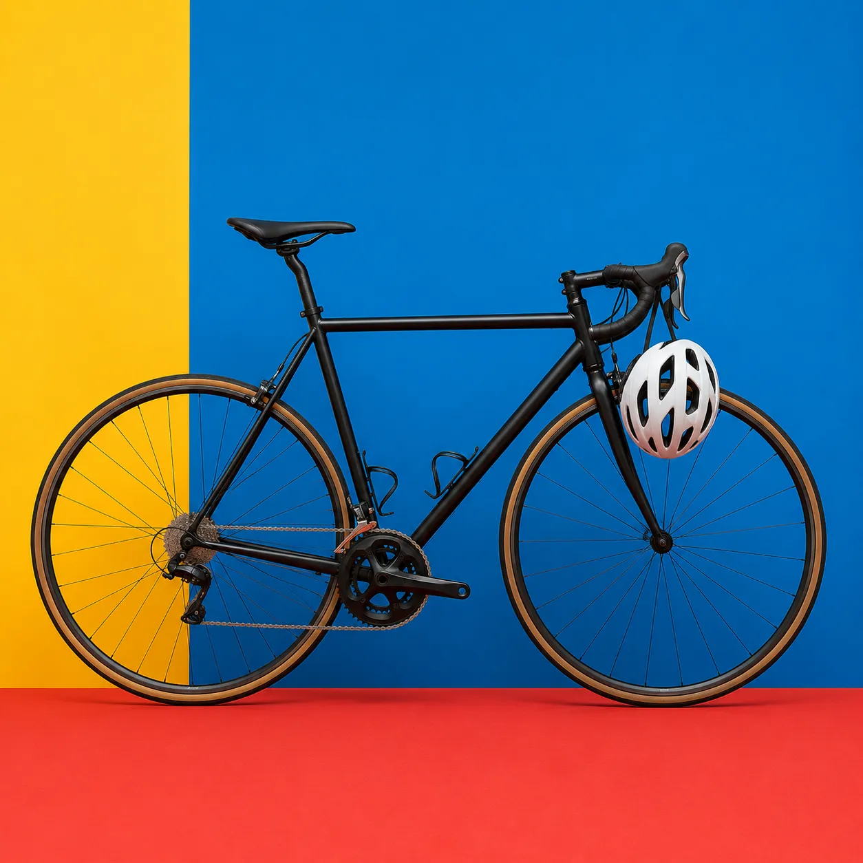 The frame and helmet carry the same hues as the planes behind them.
