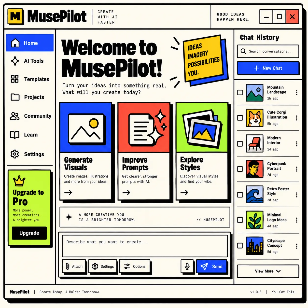 An AI workspace: navigation, three action cards, a prompt composer and chat history.