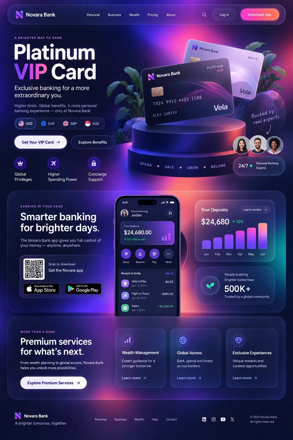 A banking landing page with card objects, an app preview and analytics below.