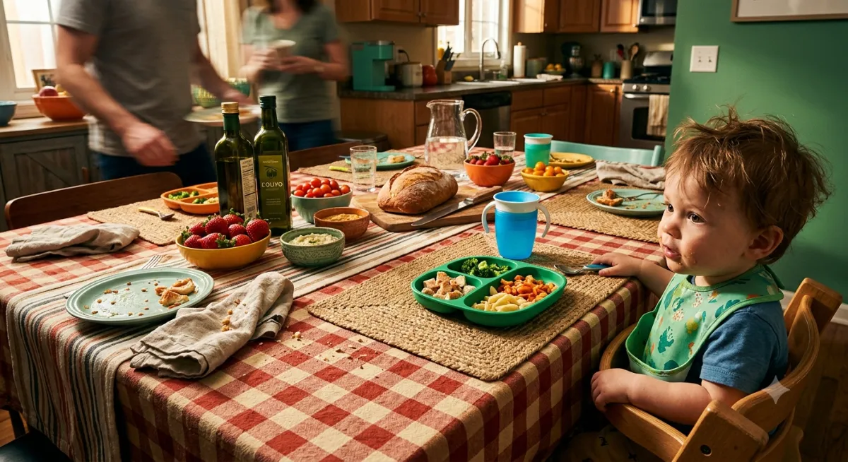 a toddler seated in a highchair occupies the lower right foreground, facing toward the center of a dining table. The table is layered with a checkered tablecloth, rectangular woven placemats, and a striped fabric runner. Scattered across the surface are green compartmentalized plates with food, green olive oil bottles, bowls of strawberries and tomatoes, and sippy cups. The composition uses a slightly elevated, angled viewpoint, directing the viewer's gaze from the child across the densely populated spread of objects.