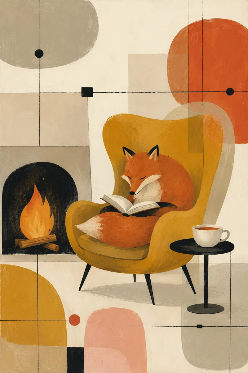 A fox reading in an armchair by the fire.