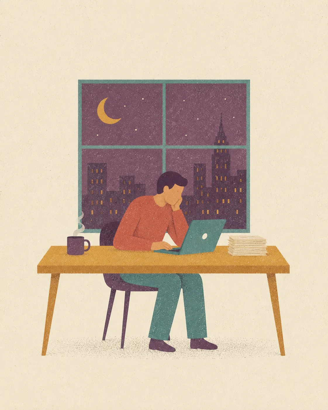 A late-night desk scene rendered in the style's textured flat shapes.