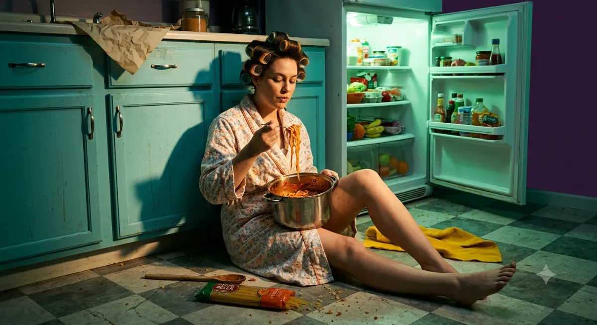 A woman in a robe and hair curlers sitting on a kitchen floor with her back against the cabinets, eating spaghetti straight from the pot. A wooden spoon on the tile beside her, an open fridge door casting into frame.