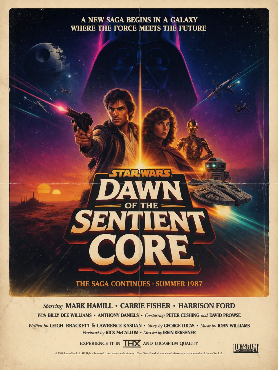 A 2:3 movie poster featuring AI in the iconic Star Wars era is impressive and demands significant attention. The poster must have a wow factor.