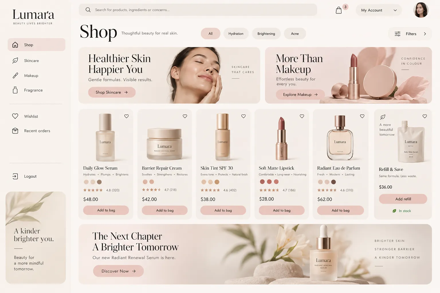 A desktop storefront: sidebar, filters, product cards and a campaign banner.