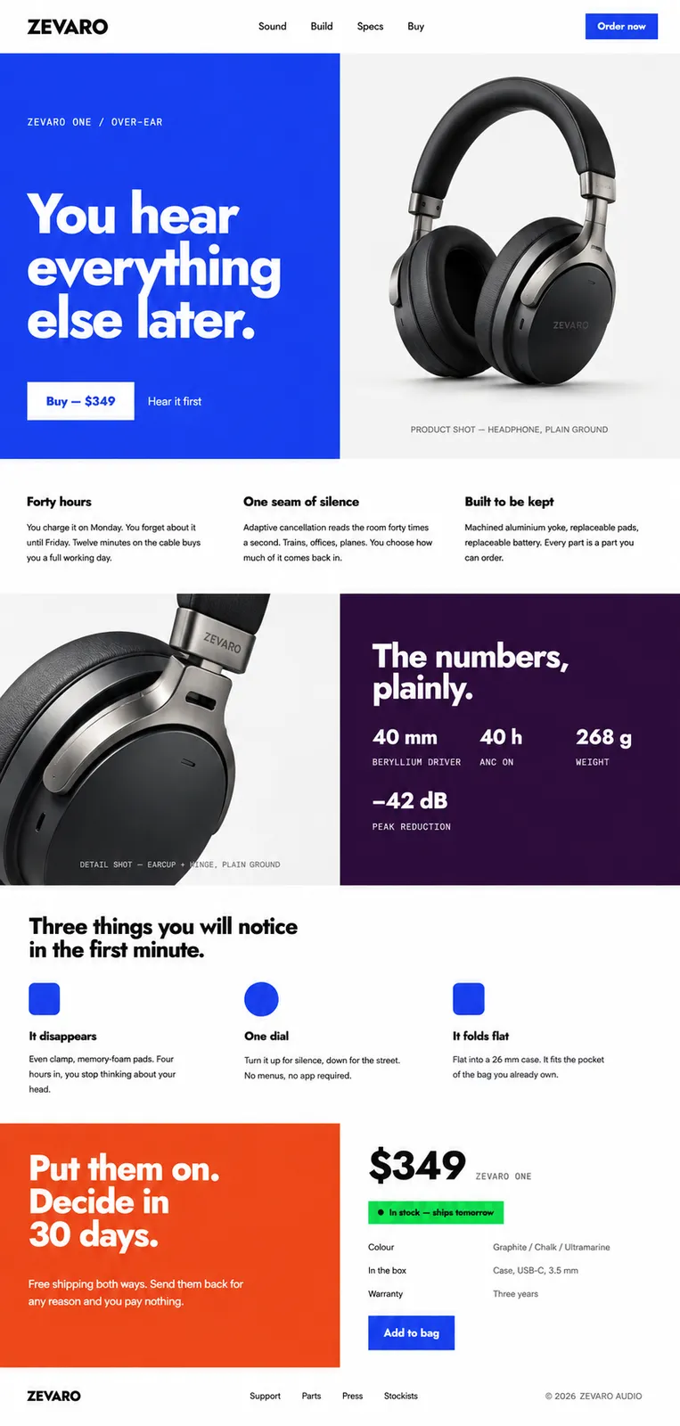 Design a website landing page for a headphone. brand name ZEVARO.