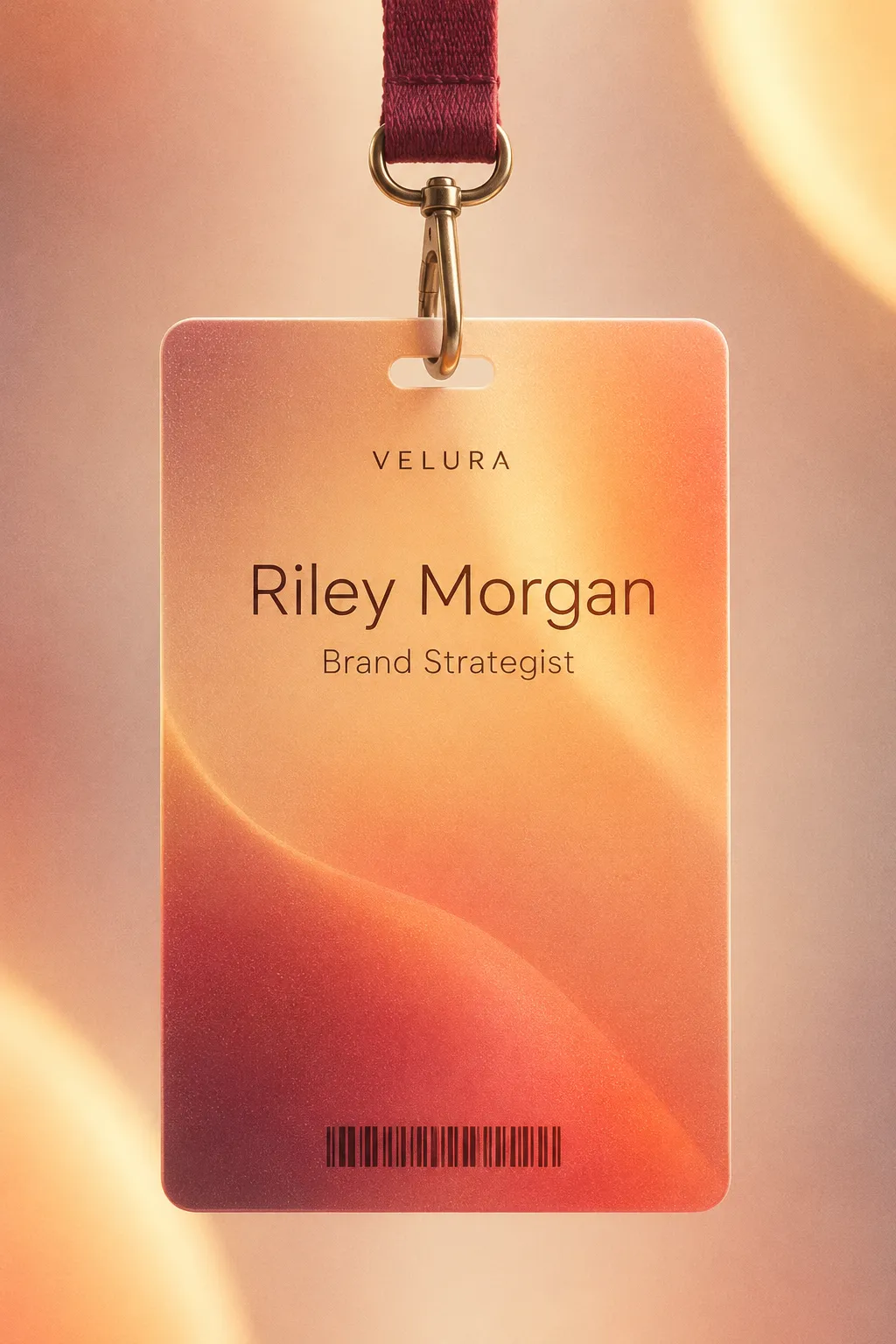 A name, a role and a barcode — three functional pieces of information sitting inside a glow that otherwise fills the whole card.