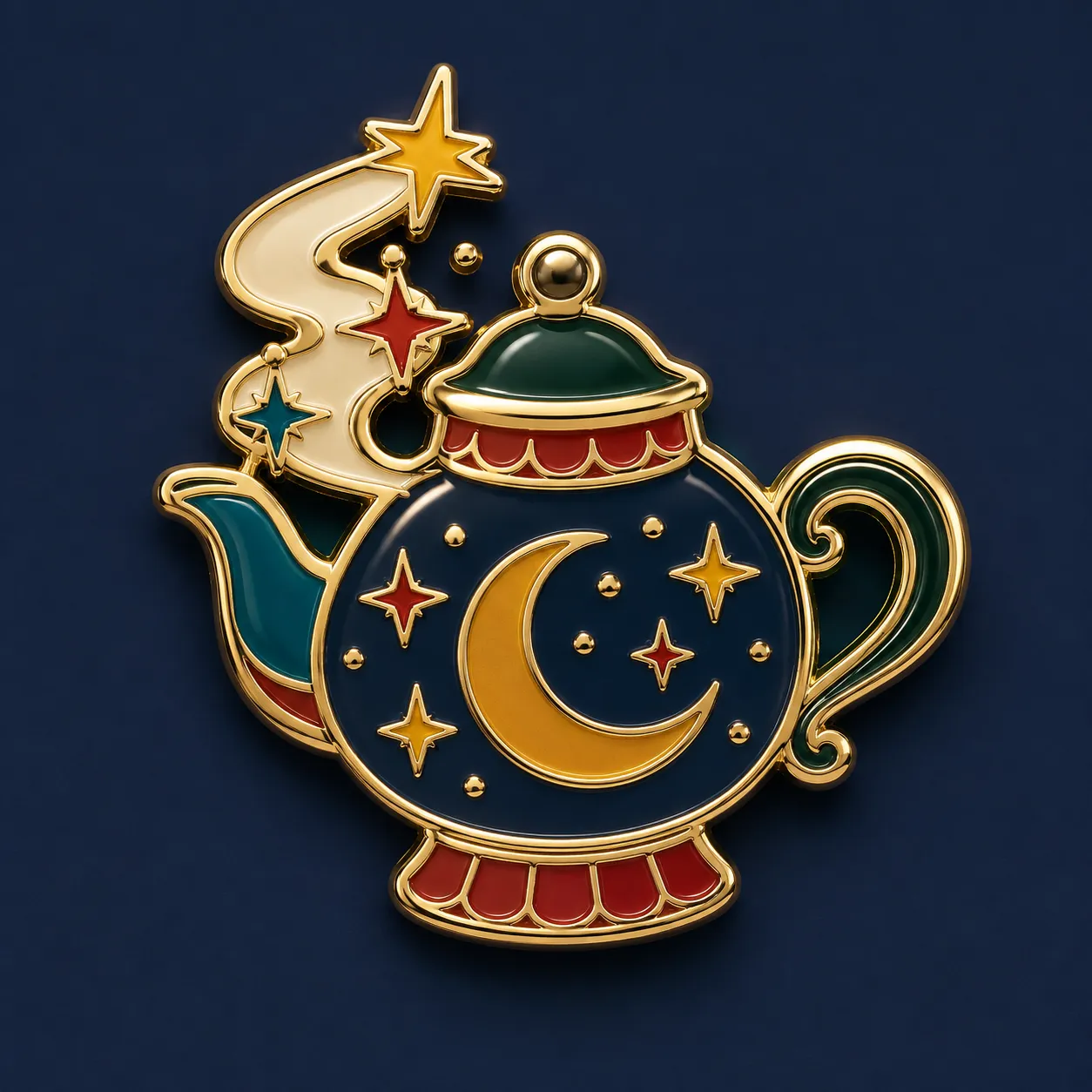 Teapot, crescent moon, and floating stars merged into one hard enamel pin, gold metal outlines