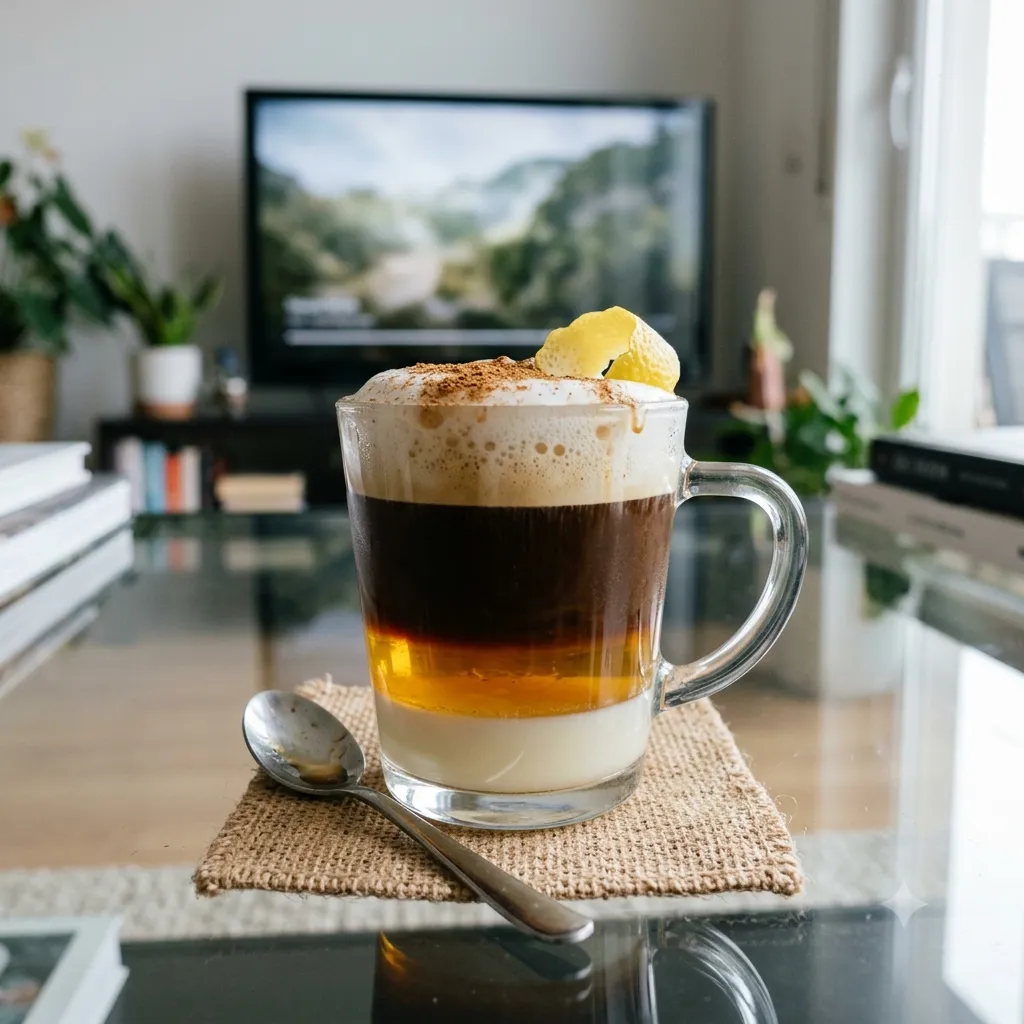A layered Barraquito cocktail in a glass mug with condensed milk, golden Licor 43, espresso, milk foam, lemon peel, and cinnamon.Setting: Set on a burlap coaster on a reflective glass coffee table, with a blurred TV displaying a landscape in the background.