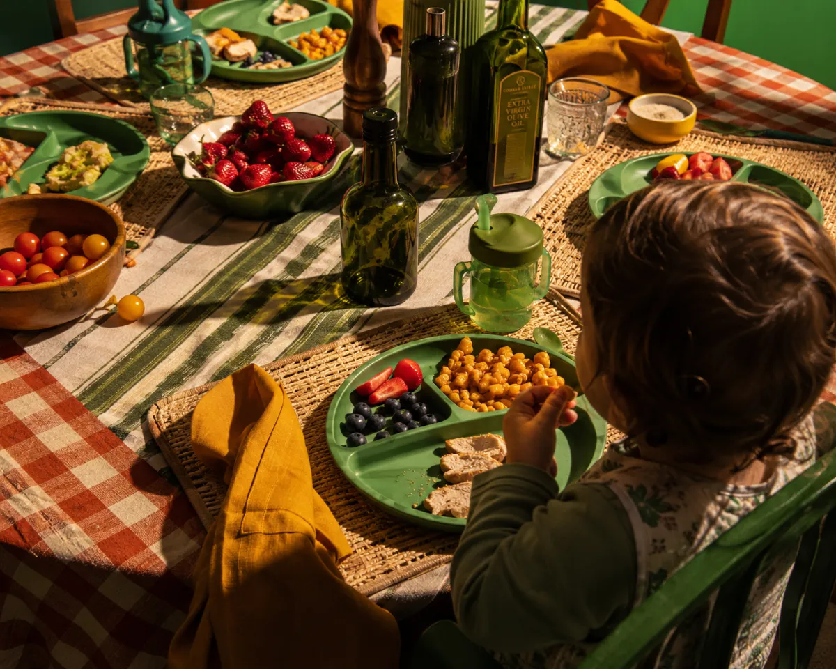 a toddler seated in a highchair occupies the lower right foreground, facing toward the center of a dining table. The table is layered with a checkered tablecloth, rectangular woven placemats, and a striped fabric runner. Scattered across the surface are green compartmentalized plates with food, green olive oil bottles, bowls of strawberries and tomatoes, and sippy cups. The composition uses a slightly elevated, angled viewpoint, directing the viewer's gaze from the child across the densely populated spread of objects.