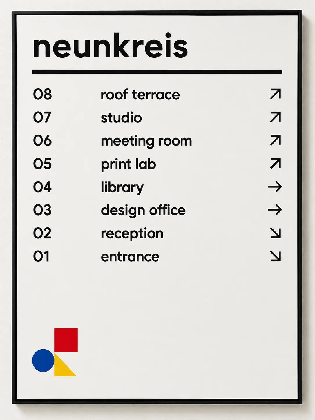 Wayfinding is where the style is most at home — the rule does the separating and the empty lower quarter is a measured interval, not spare room.