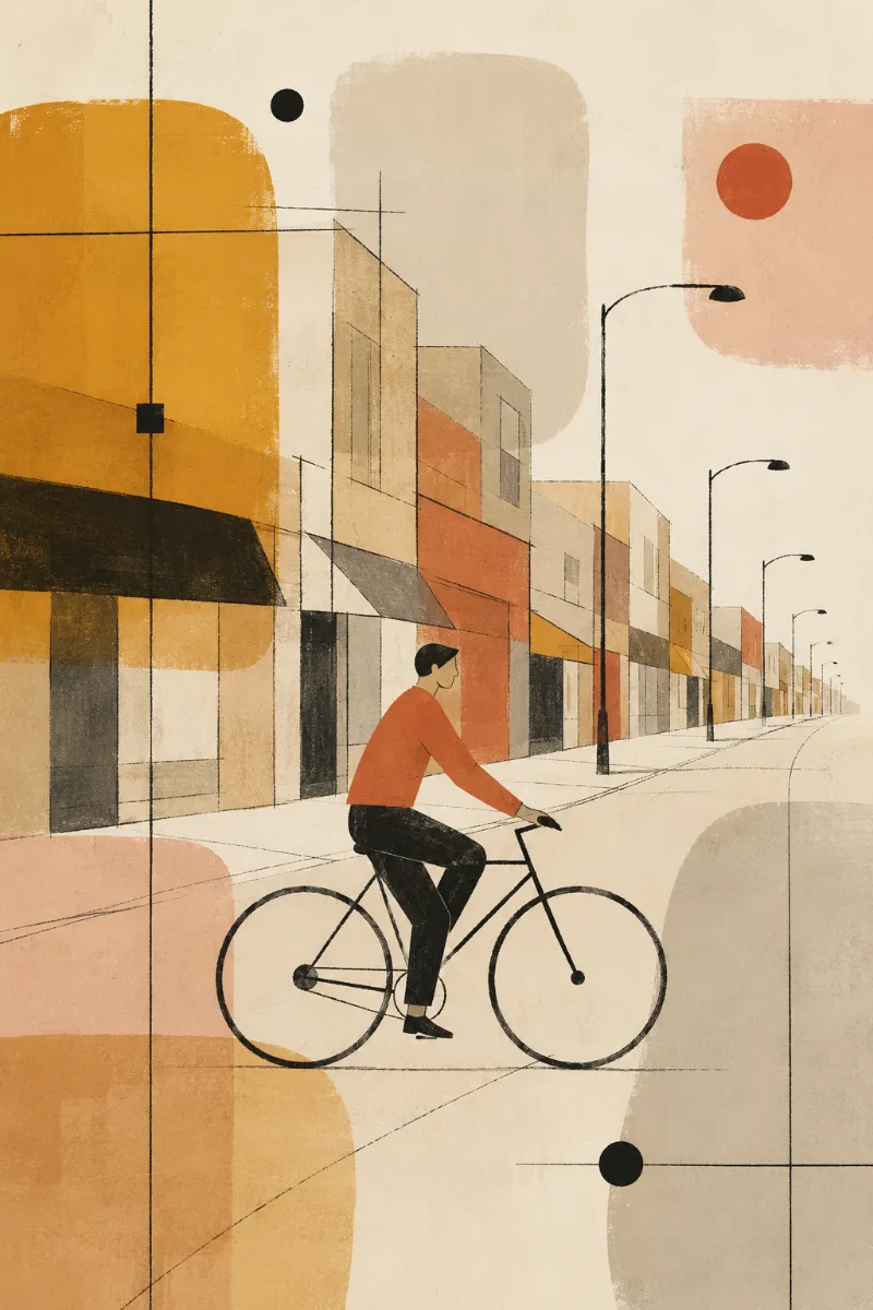 A street scene pushing the style across figures, a vehicle, and receding architecture."