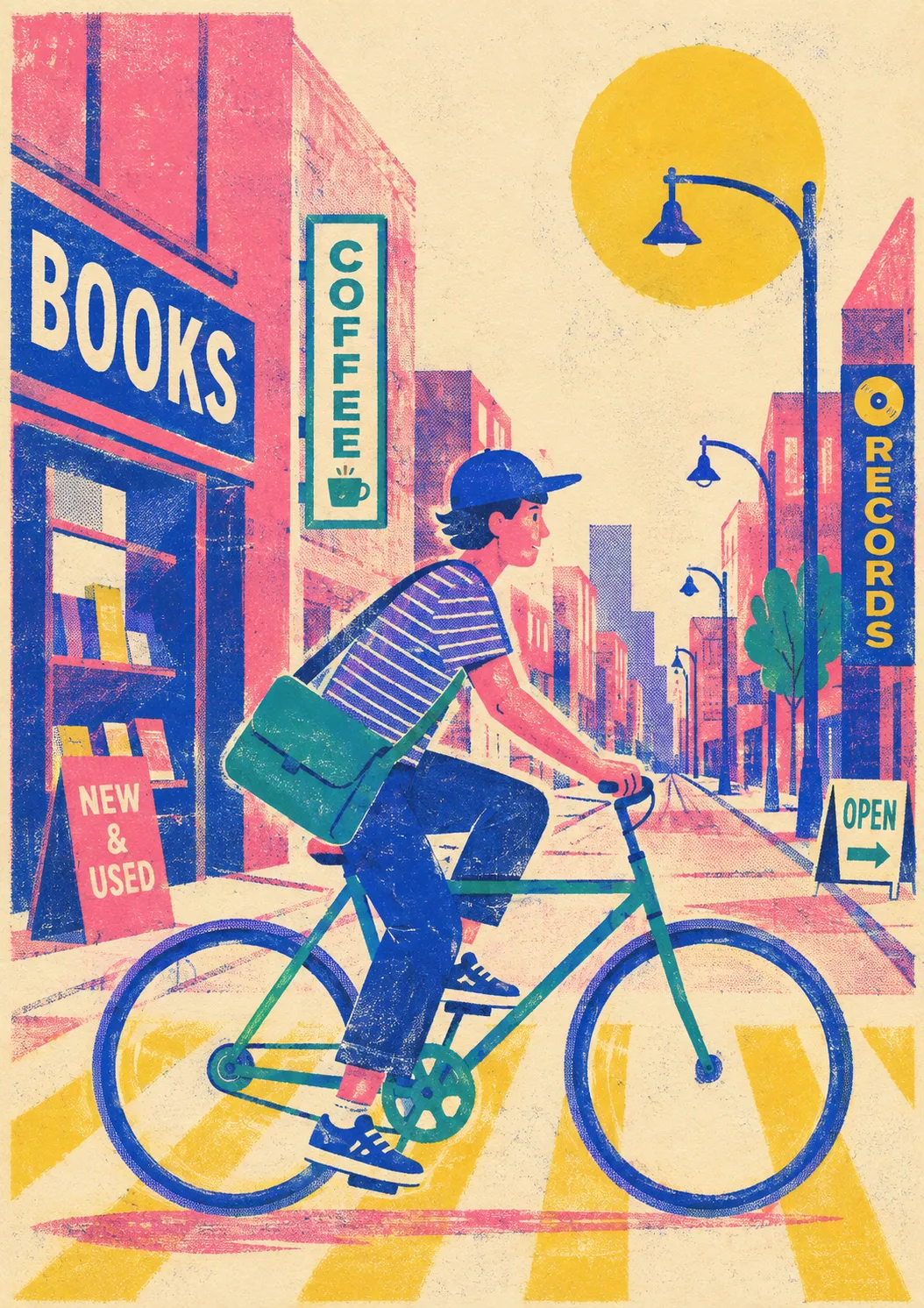 A street scene pushing the style across figures, a vehicle, and receding architecture.