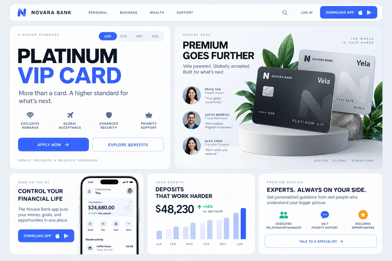 A banking landing page with card objects, an app preview and analytics below.