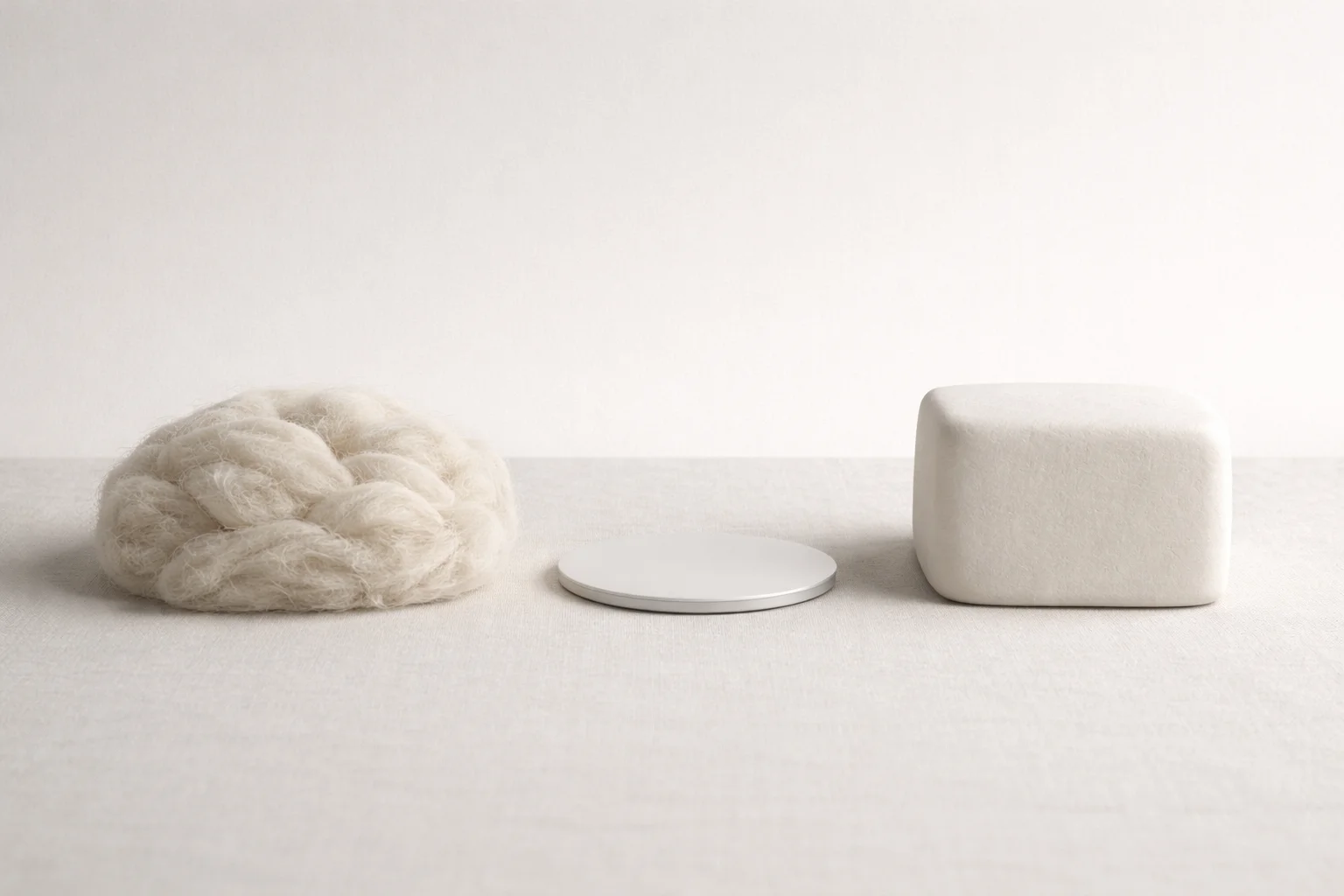 An amorphous wool form beside a precisely edged bone china block of equal volume, representing AI copy before and after a brand voice spec