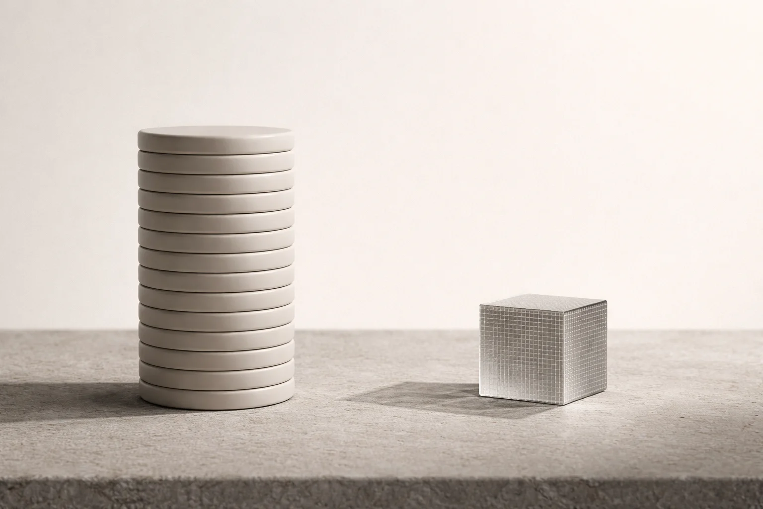 A compressed stack of clay-fired discs beside a distinct mesh cube — the difference between average AI output and defined brand voice