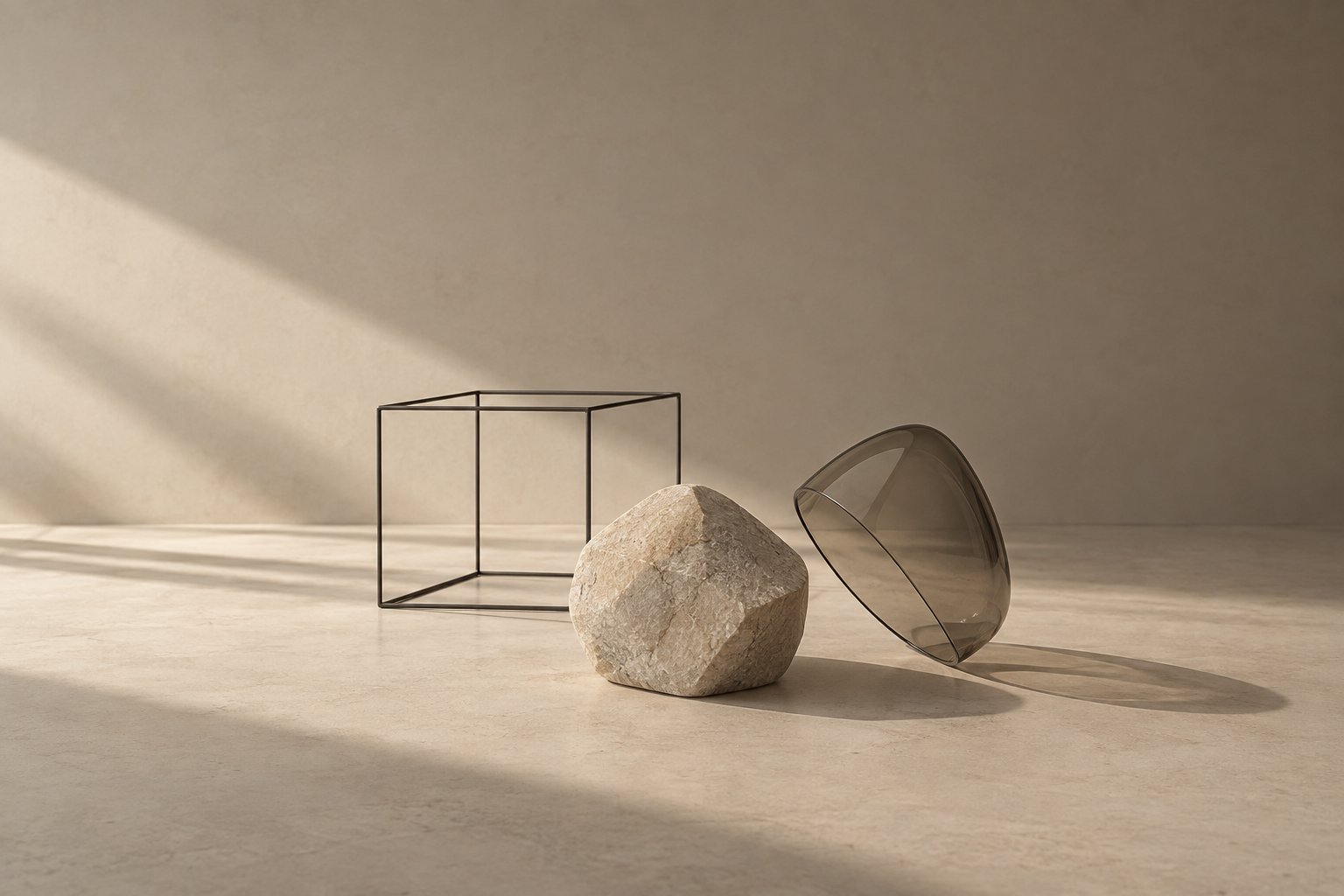 Style reference vs content reference — a smoked glass outer shell lifted away from a solid stone core