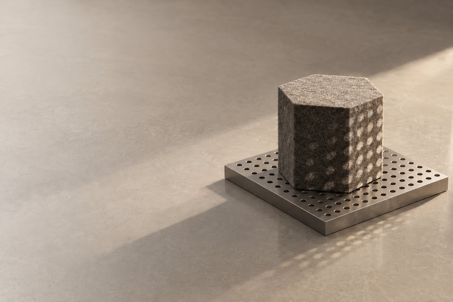 Limits of an image-only style reference — a hexagonal felt prism resting unseated on a round-holed perforated plate